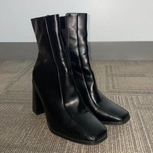 Black Faux Leather Square Toe Boots